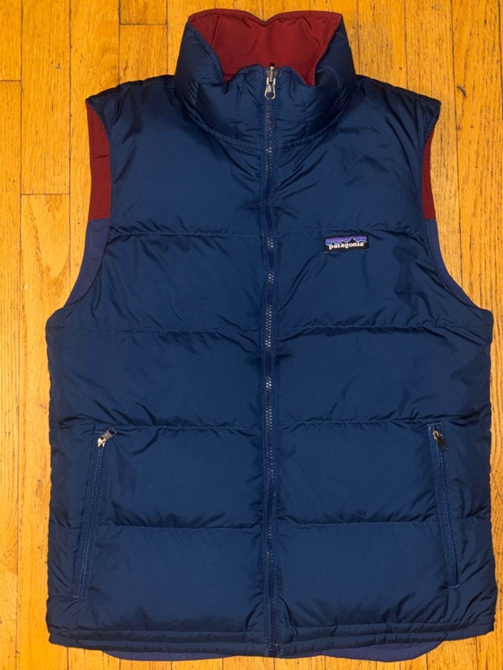 Patagonia Reversible Bivy Down Colorblock Puffer Vest - Blue & Burgundy - Medium